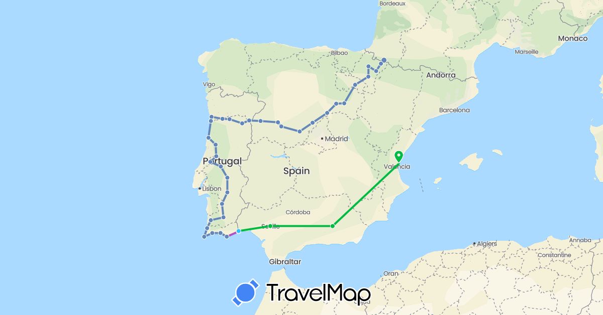 TravelMap itinerary: bus, cycling, train, boat in Spain, France, Portugal (Europe)
